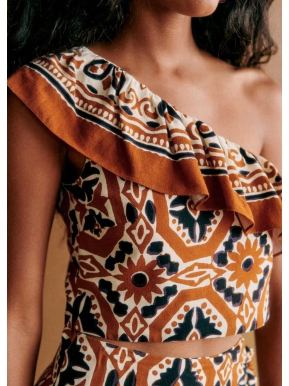 NWT Sezane Dari Blouse in Yoana Print Ruffled One Shoulder Crop Top 34 / 2